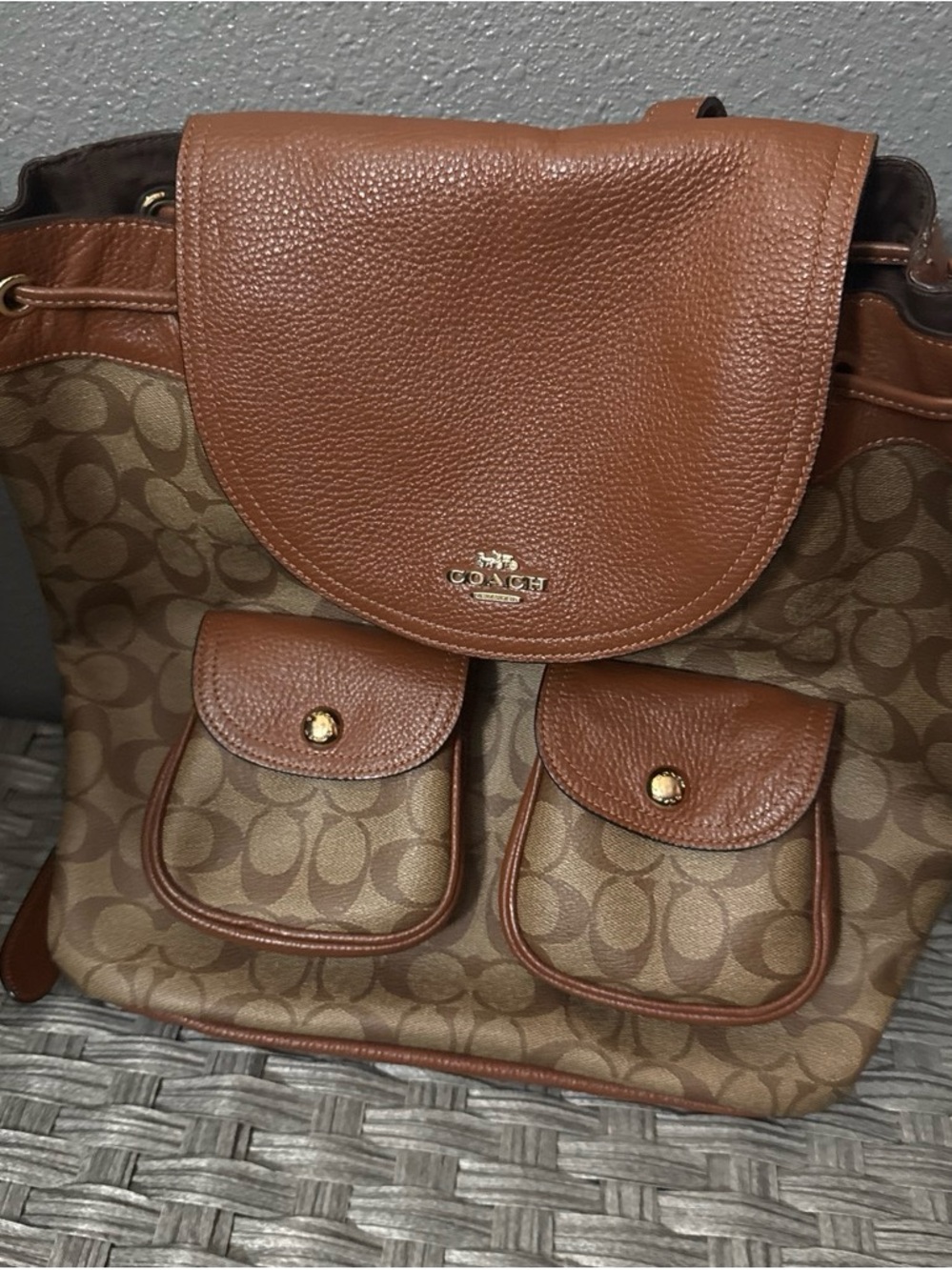 Coach Brown Signature Canvas Drawstring Backpack with Leather Trim